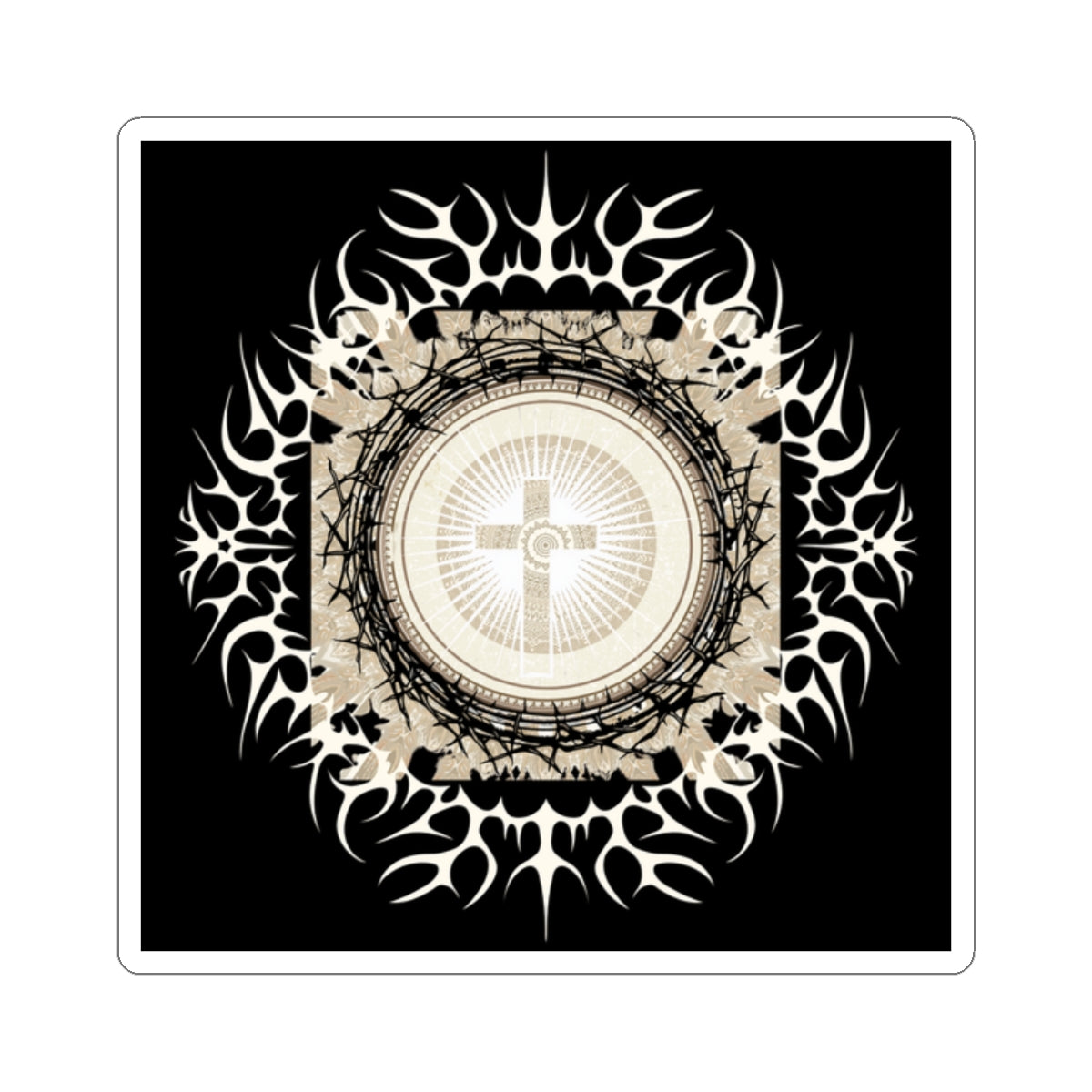 Religious Cross Mandala Sticker — Gothic Tribal Kiss-Cut Decal