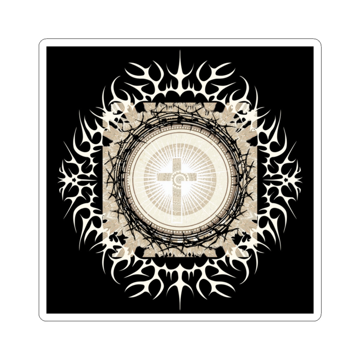 Religious Cross Mandala Sticker — Gothic Tribal Kiss-Cut Decal