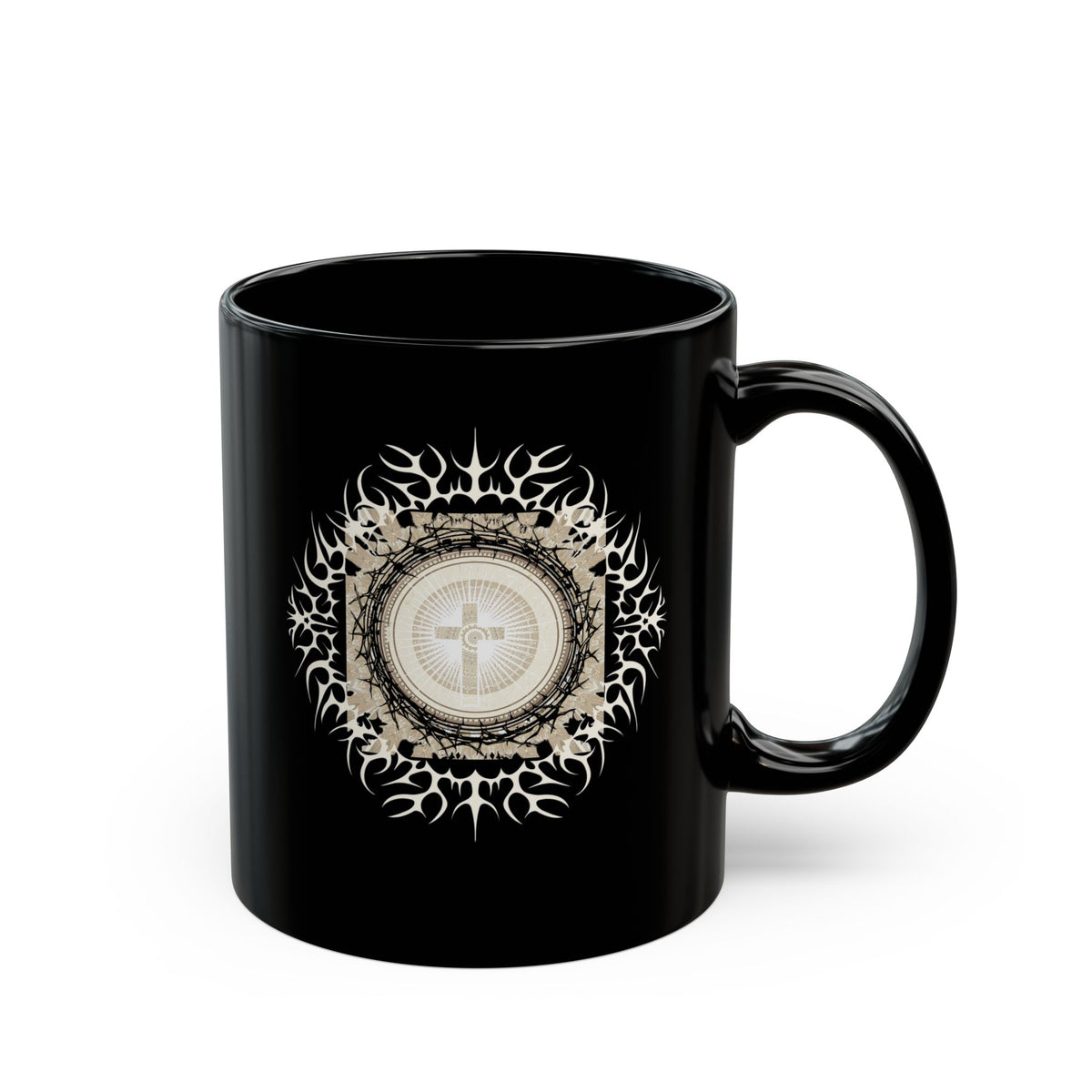 Cross Mandala Black Mug – Christian Faith Coffee Cup (11oz & 15oz)