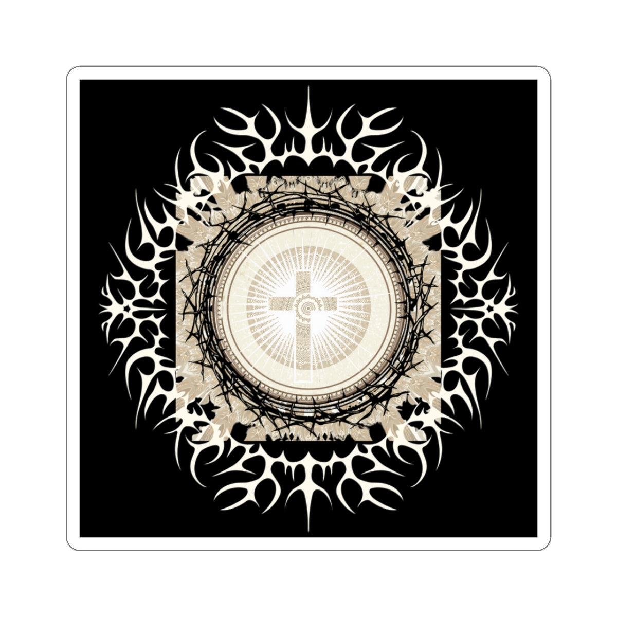 Religious Cross Mandala Sticker — Gothic Tribal Kiss-Cut Decal