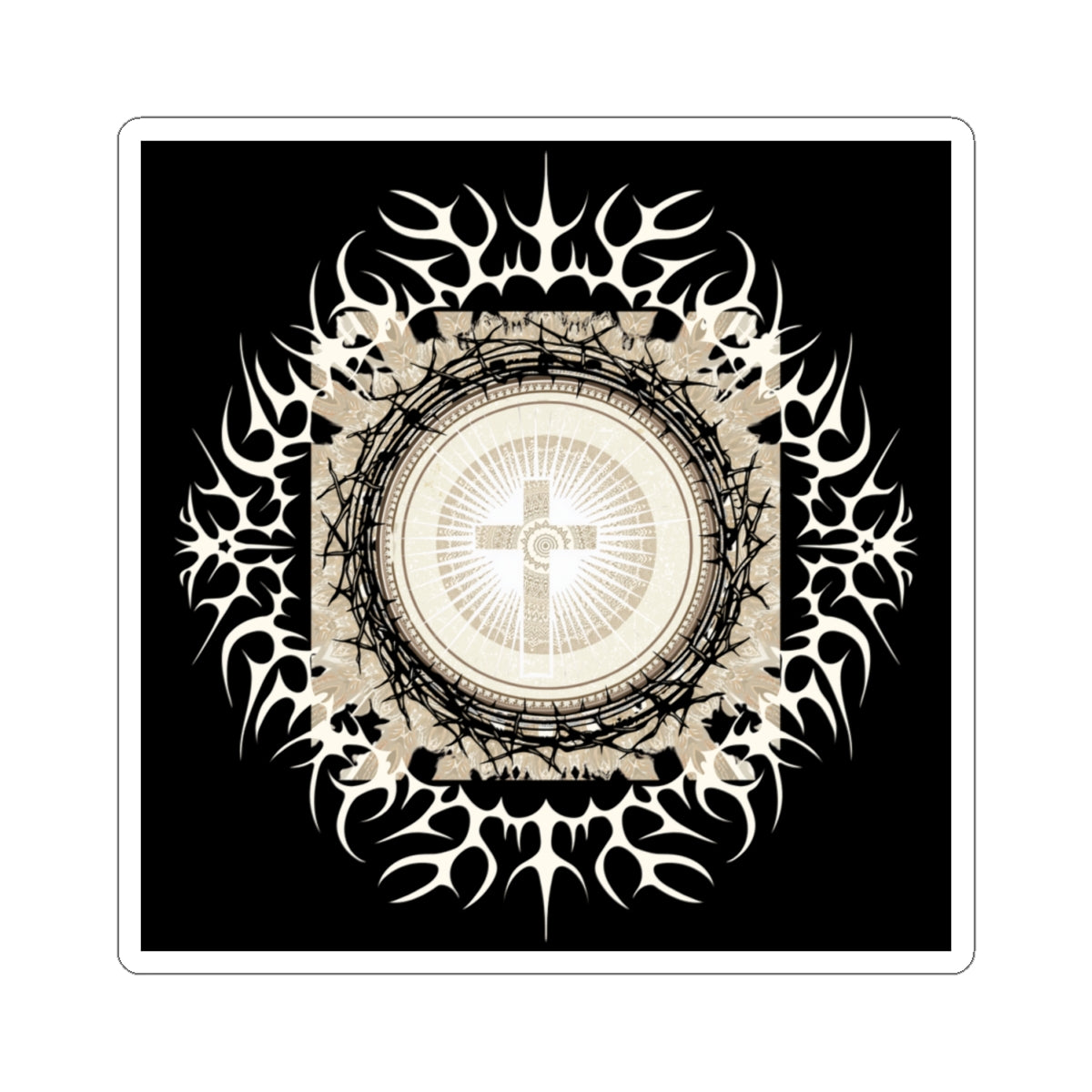 Religious Cross Mandala Sticker — Gothic Tribal Kiss-Cut Decal